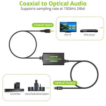 LiNKFOR 192kHz Coaxial to Optical Converter 6.6FT Coaxial to Optical SPDIF Toslink Converter with Built-in 3.3FT Toslink and 3.3FT Cable for Older TV DVD Soundbar Amplifier - style: Coaxial to SPDIF