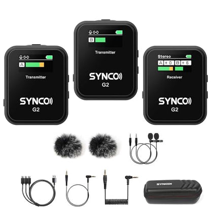 SYNCO G2(A2) Wireless Lavalier Microphone with 48KHz 24Bit Noise Reduction 656FT Range Camera Microphone for DSLR/iPhone/Android/Laptop, Lapel Mic for Vlogging Streaming YouTube | 48kHz/24-bit audio vlogging, noise reduction, 656ft stable wireless range,