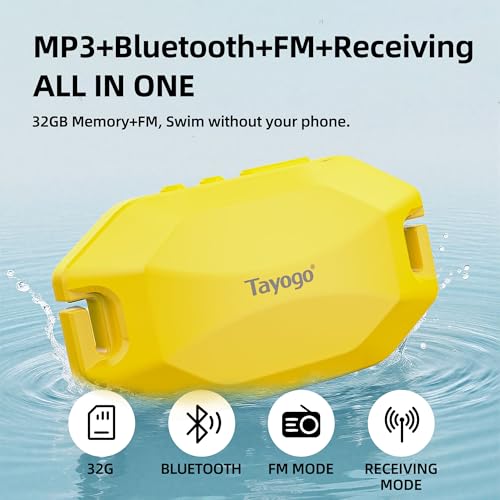 Tayogo Rock PRO W24 Swimming Headphones – Bone Conduction Waterproof Headphones for Swimming, 4-in-1 MP3 Player 32GB, Bluetooth 5.4, FM Radio (Yellow) - color: Yellow