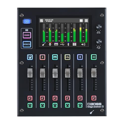 BOSS Gigcaster 5 Compact 5-Channel Audio Streaming Mixer with Direct Guitar/Bass Input | 2 XLR Mic Inputs | Stereo Line Input | 8 Touchscreen SFX Pads | 16x12 USB Audio Interface