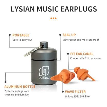 LYSIAN High Fidelity Concert Ear Plugs, 23dB, 2 Pairs with Case, Orange | Reusable soft musician earplugs for concerts, festivals & raves; 23dB noise reduction, 2 pairs with aluminum case - color: Orange