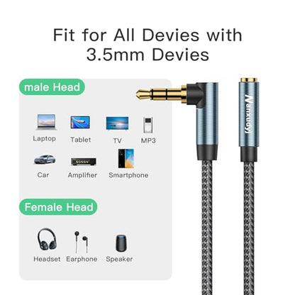 3.5mm Headphone Extension Cable 6FT Right Angle 3.5mm Male to Female Stereo Audio Extension Cable/90 Degree Right Angle Aux Cable for Smartphones, Tablets, Media Players