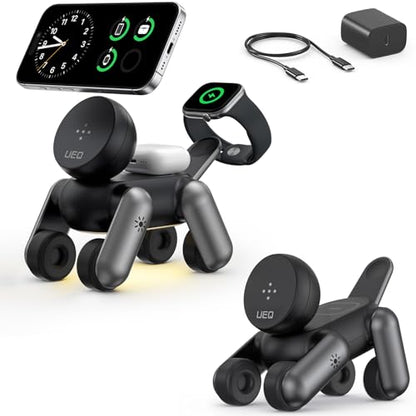 UEQ 3 in 1 Wireless Charging Station for Apple Devices,Foldable Cute Magnetic Mag-Safe Wireless Charger Stand with Night Light for iPhone 17 Air 16 15 14 13 12 Series,AirPods 4 3 2 Pro,Apple Watch - color: Black