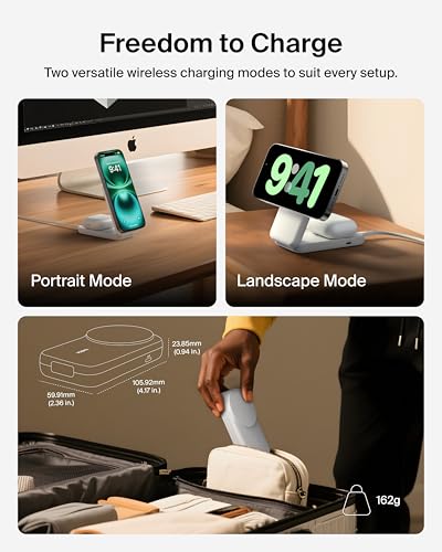 Belkin Qi2.2 25W Wireless 2 in 1 Foldable Fast Charging Station for iPhone | Fast Charging, MagSafe Compatible, iPhone 17/16/15, AirPods, Travel Charger, Magnetic - color: White