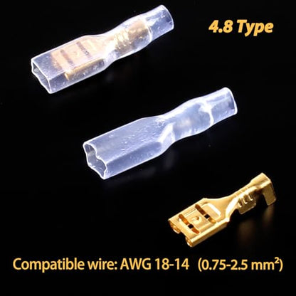 4.8mm Quick Splice Wire Terminals Female Spade Crimp Connector with Insulated Sleeve (100Pcs Sleeves and 100Pcs Terminals) - size: 4.8mm