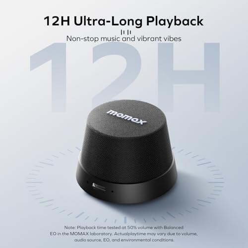 MOMAX Magnetic Portable Wireless Speaker, Enhanced Bass & Clear Sound | IPX6 Waterproof with Aluminum Alloy Design & 12H Playtime for Travel, Shower, Kitchen & More - color: Black