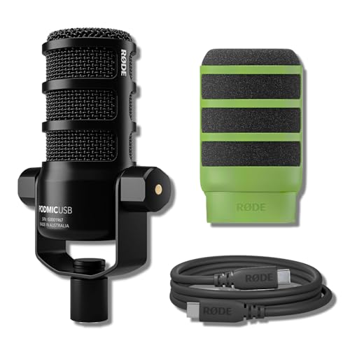 Rode PodMic USB Dynamic Broadcast Microphone Bundle with WS14 Green External Pop Filter — XLR and USB-C, 24-Bit, Aphex DSP, Cardioid Studio Mic for Podcasting, Streaming, Voice Over, Broadcasting