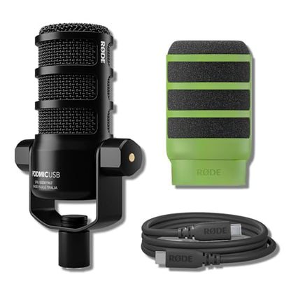 Rode PodMic USB Dynamic Broadcast Microphone Bundle with WS14 Green External Pop Filter — XLR and USB-C, 24-Bit, Aphex DSP, Cardioid Studio Mic for Podcasting, Streaming, Voice Over, Broadcasting