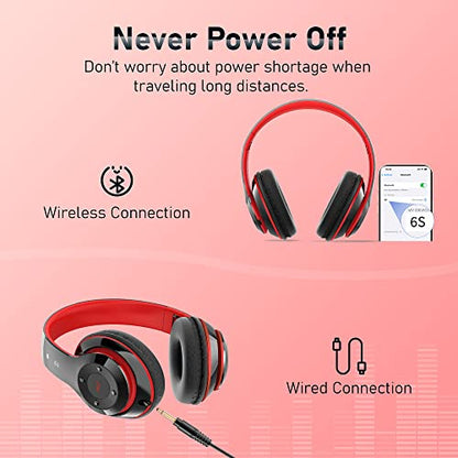 Bluetooth Headphones Over Ear, 6S Foldable Wireless Headphones with 6 EQ Modes, 40 Hours Playtime HiFi Stereo Headset with Mic, Soft Ear Pads, TF/FM for Cellphone/PC/Home (Red) - color: Red