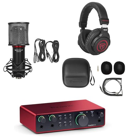 Audiosavings Bundle: Focusrite Scarlett 2i2 4th Gen Studio Recording USB Audio Interface+Software Bundle with Rockville RCM SR Studio/Recording Condenser Microphone+PRO-M50 SR Headphone (3 Items)