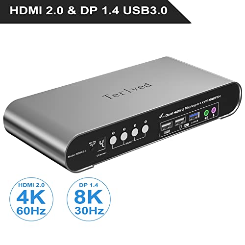 4 Computers 2 Monitors Automatic KVM Switch, HDMI 4k@60Hz + DP 8K 30Hz 4K@144Hz, Aluminum Alloy Shell, Digital Display, Audio/Microphone, hotkey, HDR10 with Cables - style: 4 Computers 2 Monitors (HDMI + DP) USB 3.0