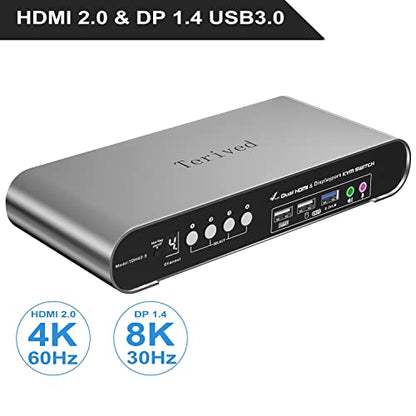 4 Computers 2 Monitors Automatic KVM Switch, HDMI 4k@60Hz + DP 8K 30Hz 4K@144Hz, Aluminum Alloy Shell, Digital Display, Audio/Microphone, hotkey, HDR10 with Cables - style: 4 Computers 2 Monitors (HDMI + DP) USB 3.0