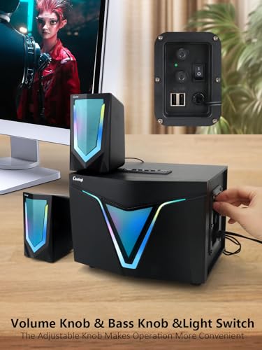 2.1 USB-Powered Computer Speaker with Subwoofer,PC Speakers with subwoofer-Dual 4.7'' mid-Treble Full-Range Satellites for PC,Speaker with Dynamic RGB,Up to 16W, 3.5mm Inputs