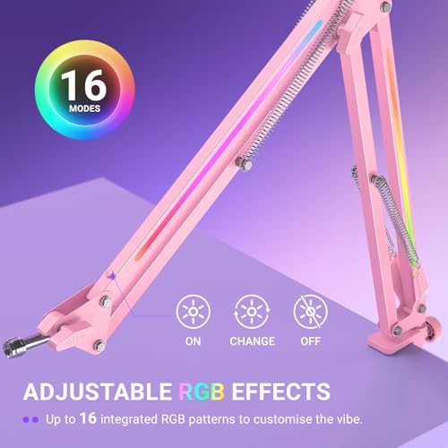FIFINE AmpliGame BM38P Metal RGB Microphone Boom Arm for Gaming Streaming | Adjustable Suspension Scissor Mic Stand, Desk Mount Clamp, 3/8” to 5/8” Screw Adapter - color: Pink