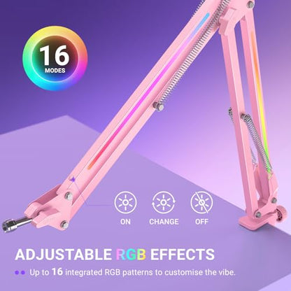 FIFINE AmpliGame BM38P Metal RGB Microphone Boom Arm for Gaming Streaming | Adjustable Suspension Scissor Mic Stand, Desk Mount Clamp, 3/8” to 5/8” Screw Adapter - color: Pink