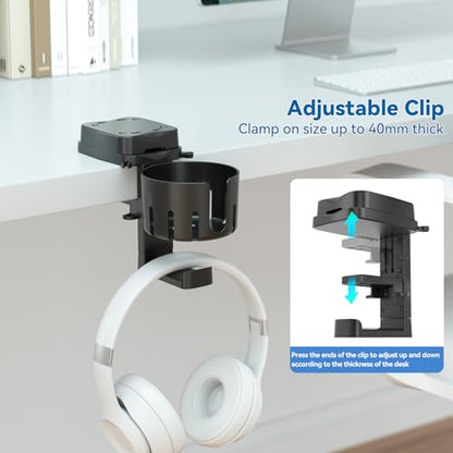 KDD 3 in 1 Headphone Hanger with Cup Holder - Rotatable Headset Hook & Desk Cord Organizer - Suitable for Coffee Mups, Water Cups, Headphone, Charging Cables, Home & Office