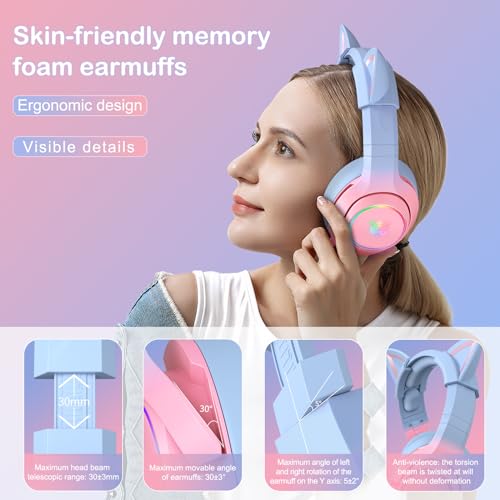 PHNIXGAM Wired Gaming Headset - Removable Cat Ears, RGB/Retractable Mic | 3.5mm surround sound gaming headphone. Compatible with PC, PS4, PS5, mobile. Gradient pink-blue design. - color: Gradient Pink Blue 3.5mm