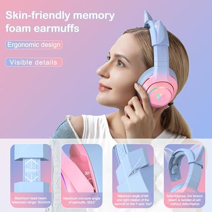 PHNIXGAM Wired Gaming Headset - Removable Cat Ears, RGB/Retractable Mic | 3.5mm surround sound gaming headphone. Compatible with PC, PS4, PS5, mobile. Gradient pink-blue design. - color: Gradient Pink Blue 3.5mm