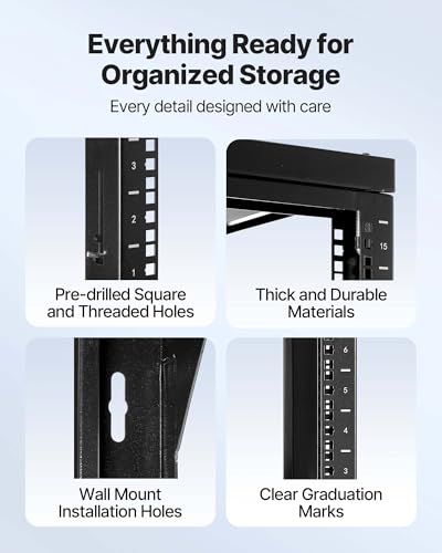 VEVOR 15U Open Frame Server Rack, Free Standing or Wall Mount Rack with 180 Degrees Gate Swing, Network Rack for 19" IT Equipment & A/V Devices - size: 15U Wall Rack