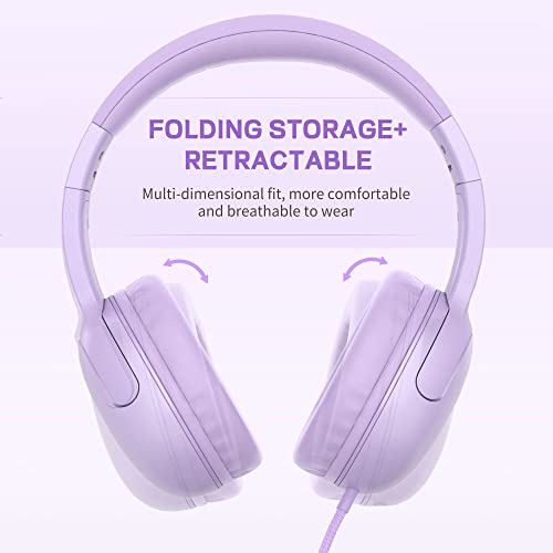 LORELEI E5 Wired Headphones for Kids Foldable & 3.5mm Jack Tangle Free Nylon Wire Stereo On Ear Headsets for Kids/Children/School/Tablet/Ipad/Kiddle/Plane (Purple) - color: Purple