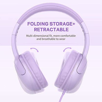 LORELEI E5 Wired Headphones for Kids Foldable & 3.5mm Jack Tangle Free Nylon Wire Stereo On Ear Headsets for Kids/Children/School/Tablet/Ipad/Kiddle/Plane (Purple) - color: Purple