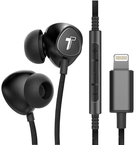 Thore iPhone Earphones (Apple MFi Certified) V110 in Ear Braided Wired Lightning Earbuds (Sweat/Water Resistant) Headphones with Mic/Volume Remote for iPhone 14/13/12/11/Pro Max - Black - color: Black