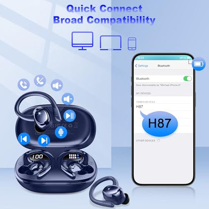 Rulefiss Wireless Earbuds Bluetooth Headphones Sport, 5.3 Immersive HiFi Stereo Over-Ear Buds, 48Hrs Earphones in Ear with Earhooks, HD Mic, IP7 Waterproof Headset for Workout Running (Blue) (Q38) - color: pure navy blue