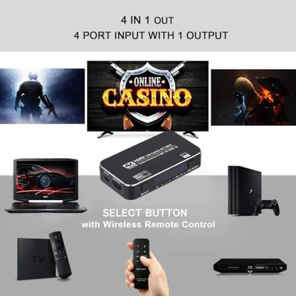 HDMI Switch 4x1 with Audio Extractor, 4K@60Hz Ultra HD HDMI Switcher with Optical TOSLINK SPDIF, 3.5mm Audio Support ARC Function, 3D, 1080P @120Hz, 4Kx2k @60Hz HDTV (IR Remote Control)