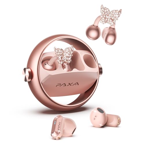 PAXA 3 in 1 Ctbuds Stylish Jewelry-Style Clip on Open Ear Headphones Wireless Earbuds, Instant Earring Mode, Ultra-Long 140H Play, Bluetooth 6.0, All-Day Wear for Work Fitness Daily Use, Rose Gold - color: H-Rose Gold-Gold Butterfly Earring