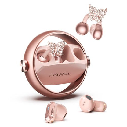 PAXA 3 in 1 Ctbuds Stylish Jewelry-Style Clip on Open Ear Headphones Wireless Earbuds, Instant Earring Mode, Ultra-Long 140H Play, Bluetooth 6.0, All-Day Wear for Work Fitness Daily Use, Rose Gold - color: H-Rose Gold-Gold Butterfly Earring