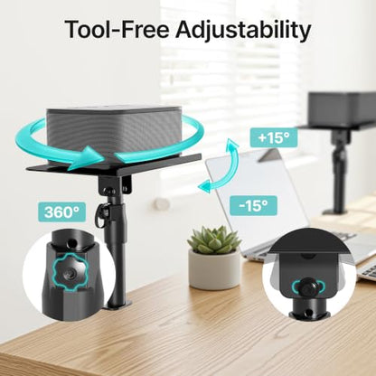 Clamp-on Speaker Stand Pair Heavy-Duty Desktop Speaker Mount Black | Height, Tilt & Swivel Adjustable, Clamp-on Desktop Installation, Universal Fit, For Home, Office & Studio Bookshelf Speakers