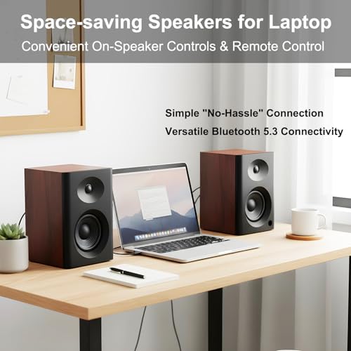 4-Inch Powered Bluetooth Bookshelf Speakers, Black - color: Walnut