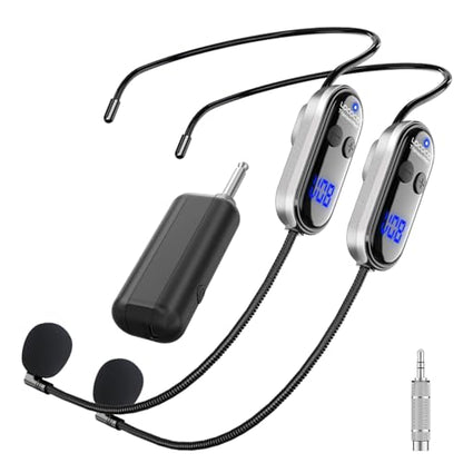 Wireless Headset Microphone Double Mic: UHF Mics Head for Two People with LED Digital Display - Head Handheld Mic 2 in 1, 165 ft Range for Voice Amplifier, Tour Guide, Teaching, Fitness, PA System - color: Silver2
