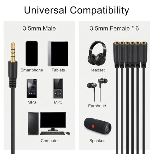 3.5mm Aux Headphone Splitter, Audio Jack Splitter 1 to 6 Ways 1/8inch Male to 6 Female Audio Headphone Cord for Phone Laptop Headset 1.5ft