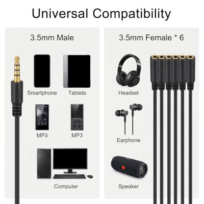 3.5mm Aux Headphone Splitter, Audio Jack Splitter 1 to 6 Ways 1/8inch Male to 6 Female Audio Headphone Cord for Phone Laptop Headset 1.5ft