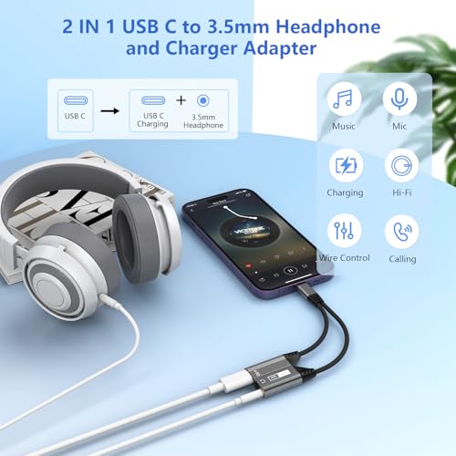 Magnetic 2-in-1 USB C to 3.5mm Audio Jack Headphone and Charge Cable Adapter for Type C Devices,PD 60W Fast Charge Earphone Converter Splitter for iPhone 15 16/Samsung/Huawei/iPad Pro Air