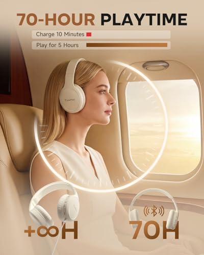 TuneFlux Bluetooth Headphones,70H Playtime Bluetooth 6.0 Wireless Headphones,3 EQ Music Modes Foldable Lightweight Over Ear Headset with Clear Call,HiFi Deep Bass for Home Office Travel (Beige) - color: Beige