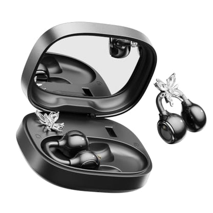 Open Ear Clip Earbuds Bluetooth 6.0, Wireless Ear Clip Headphones with LED Mirror Charging Case, IPX6 Waterproof 40H Playtime, Lightweight Open-Ear Earphones for Women Girls Gifts (Black) - color: Black