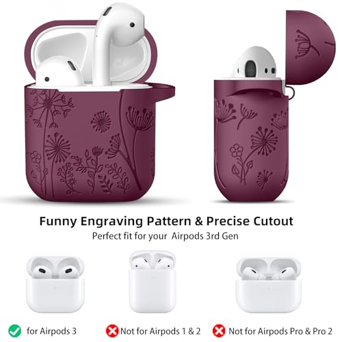 Lerobo for AirPod Case 2nd/1st Generation with Keychain | Flower Engraved Soft Silicone Cover for AirPods 2 Case, Wireless Charging, Shockproof, One-piece Design, Easy to Clean - color: Purplish Red