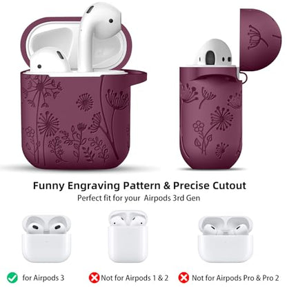 Lerobo for AirPod Case 2nd/1st Generation with Keychain | Flower Engraved Soft Silicone Cover for AirPods 2 Case, Wireless Charging, Shockproof, One-piece Design, Easy to Clean - color: Purplish Red