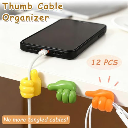 12-Pack Silicone Thumb Cable Clips, Fun Cord Holders & Wall Hooks for Desk, Car, or Home — Multi-Purpose Wire Organizer, Key & Charger Management Solution