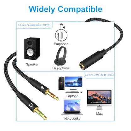 Headphone Mic Splitter Cable, 3.5mm TRRS Female to Dual TRS Male Mic Audio Adapter Cord Compatible with HyperX Cloud II/Alpha/Core, Astro A10/A40