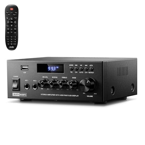 Moukey Amplifier Home Audio, 2.0 Channel Stereo Receivers with Bluetooth 5.3, Full Function Remote, FM, RCA, USB, 2 Mic in, 300W Peak Power, for Karaoke, Garage, Home Theater, MAMP3 - size: 300W Peak, 20W× 2 RMS