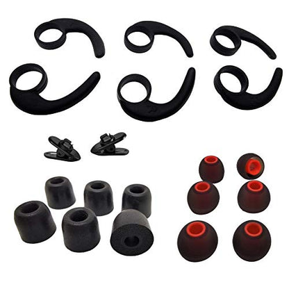Universal Ear Fins Ear Hooks, Memory Foam Earbuds Tips, Silicone Ear Tips | 3 Pairs Each L/M/S ( Foam Tips+Silicone Tips+ Hooks ), 2 Cord Clips - size: Fins-LMS