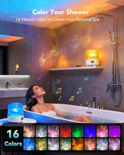 Shower Light with Bluetooth Speaker, Waterproof Shower Lamp with White Noise, 16 Colors Ocean Wave Projector Light with Remote & Touch Control, Music Lamps for Inside Shower Bathroom Bathtub - color: White