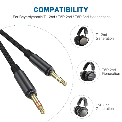 Saipomor 9.8FT Replacement Audio Cable Compatible with Beyerdynamic T1 2nd Gen, T5P 2nd/3rd Gen Headphones – 3.5mm AUX Cord with 6.35mm Adapter, Detachable Stereo Headphone Cable