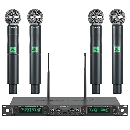 Phenyx Pro 4-Ch UHF Fixed Frequency Wireless Microphone System PTU-5000-4H | 4 Dynamic Handheld Mics, Metal Build, 260 ft Range, Singing, Church Services, Group Vocals, Small Stages