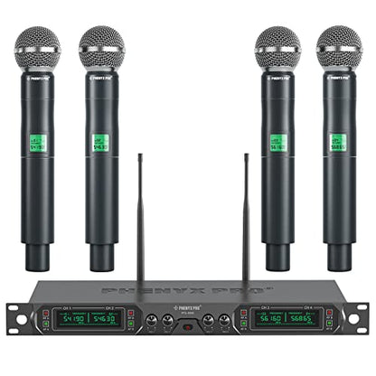 Phenyx Pro 4-Ch UHF Fixed Frequency Wireless Microphone System PTU-5000-4H | 4 Dynamic Handheld Mics, Metal Build, 260 ft Range, Singing, Church Services, Group Vocals, Small Stages