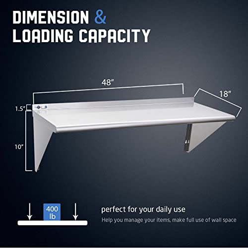 Profeeshaw NSF Stainless Steel Shelf 18” x 48”, Commercial Wall Shelving | 400 lb, Wall Mounted Metal Shelves, with Backsplash and 3 Brackets, for Restaurant, Bar, Utility Room, Kitchen and Garage - size: 18"x48"