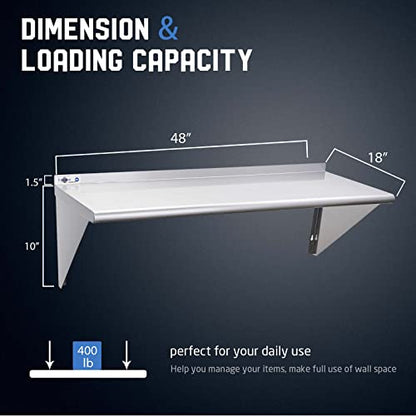 Profeeshaw NSF Stainless Steel Shelf 18” x 48”, Commercial Wall Shelving | 400 lb, Wall Mounted Metal Shelves, with Backsplash and 3 Brackets, for Restaurant, Bar, Utility Room, Kitchen and Garage - size: 18"x48"